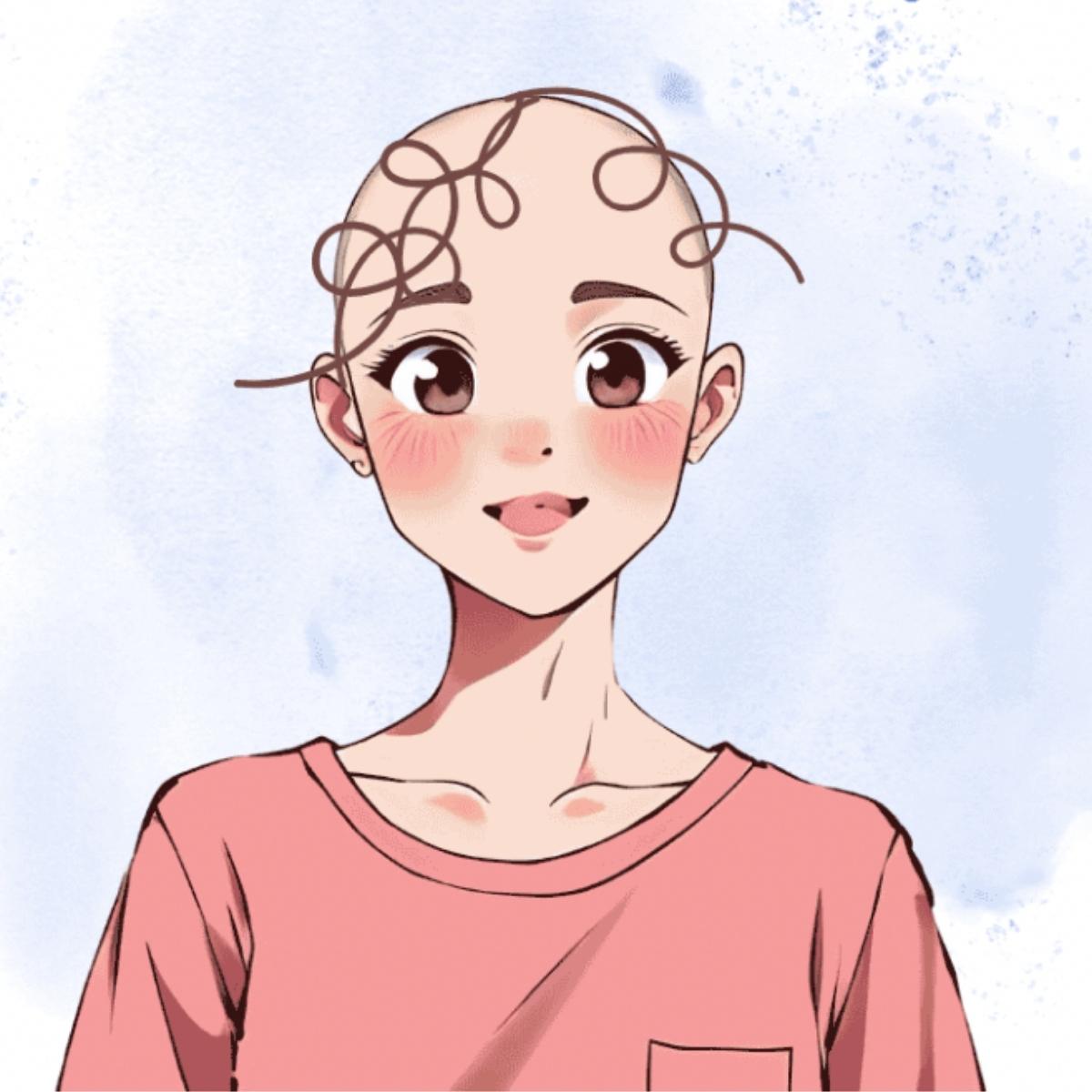 A bald woman with only 3 hairs.