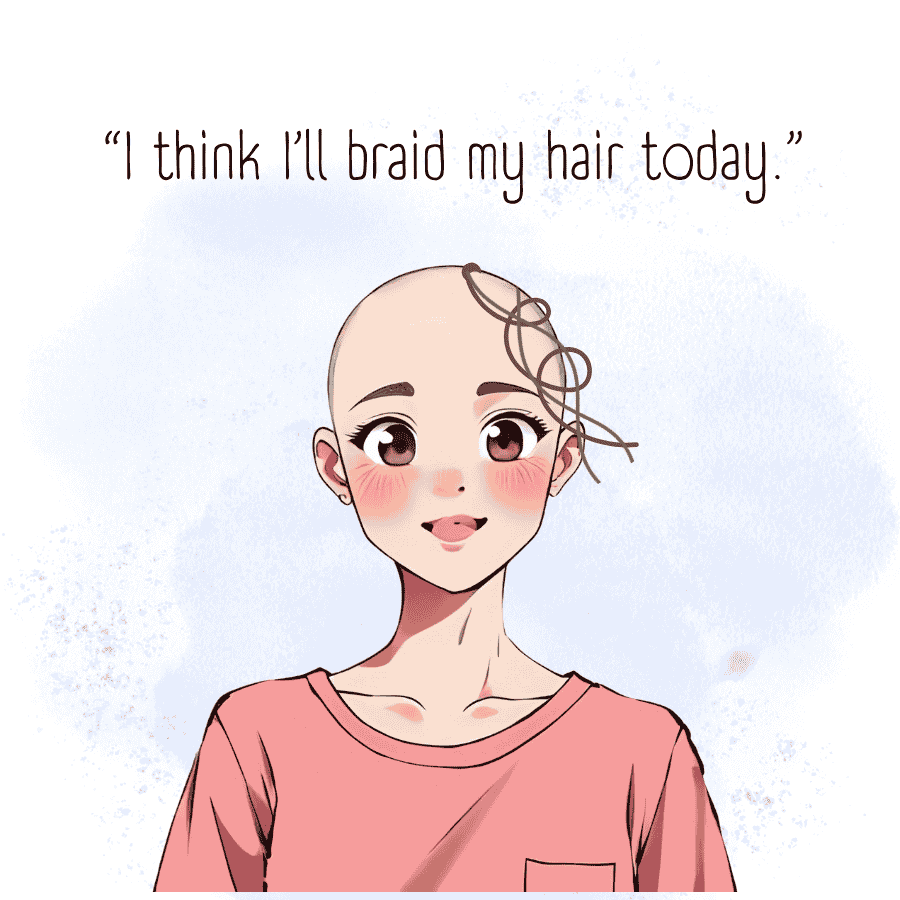bald woman with three hairs braided