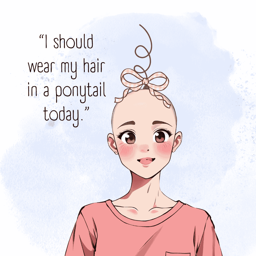bald woman with one hair and a bow
