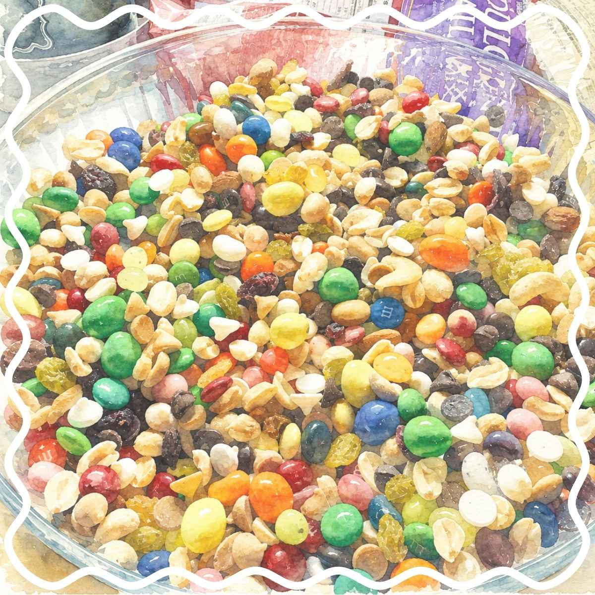 bowl of snack mix with nuts and chocolate