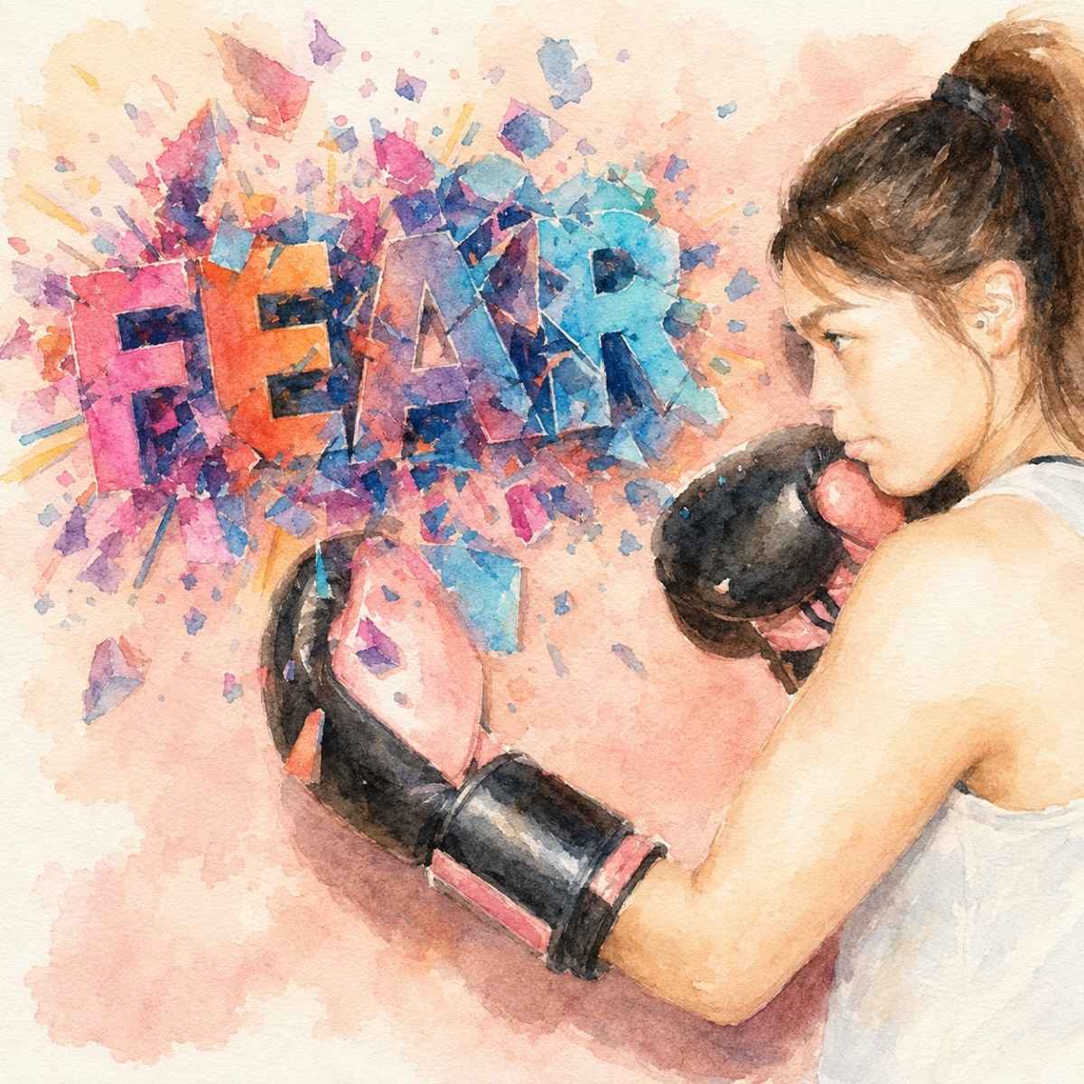 A woman boxing the word FEAR