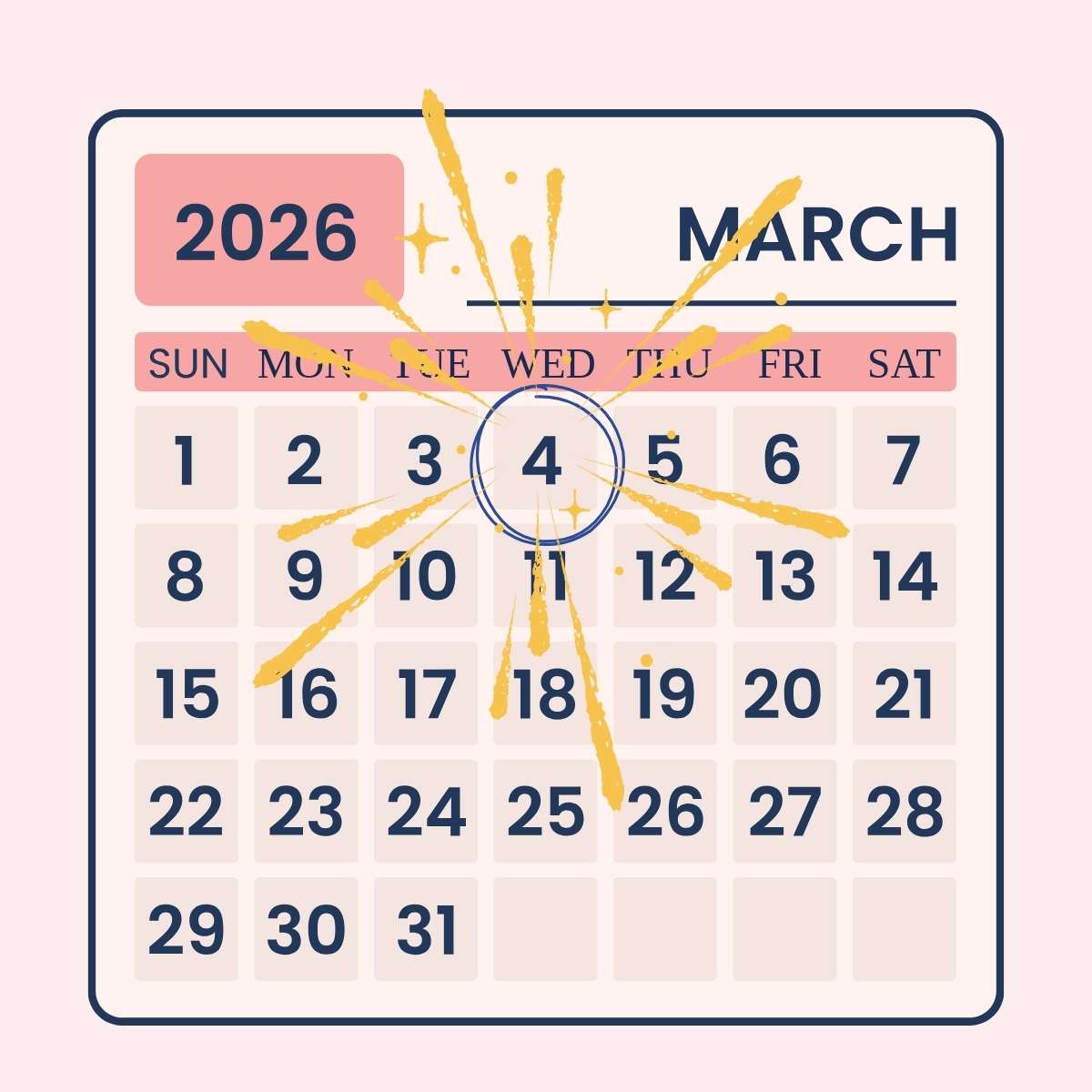 March calendar with the 4th day highlighted