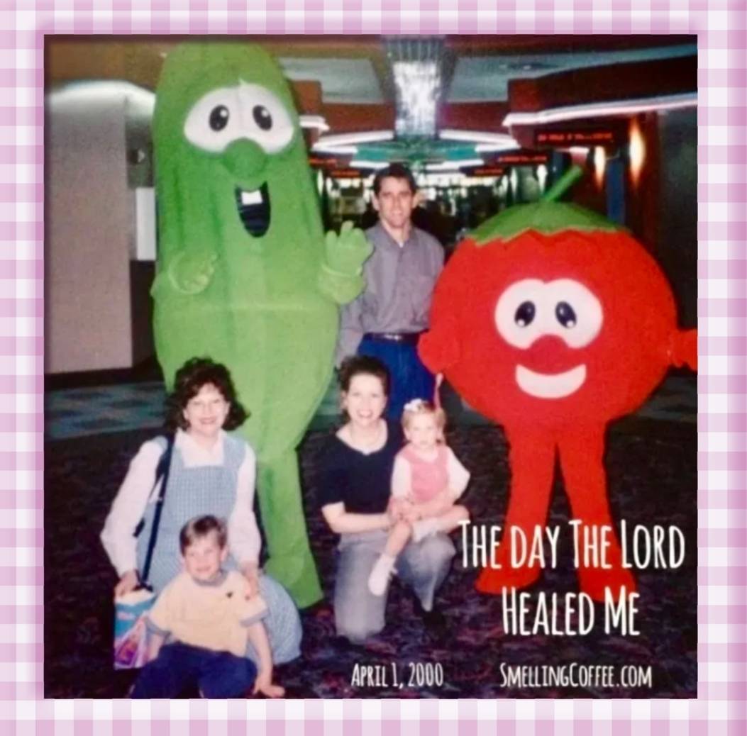 3 adults and 2 children with Veggie Tales' Larry and Bob