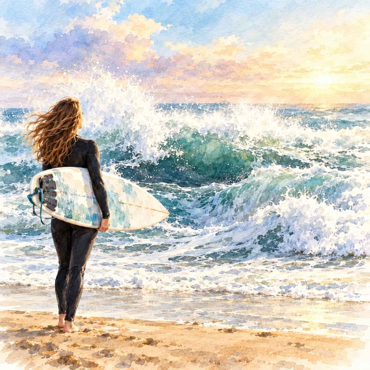 woman surfer facing rough water