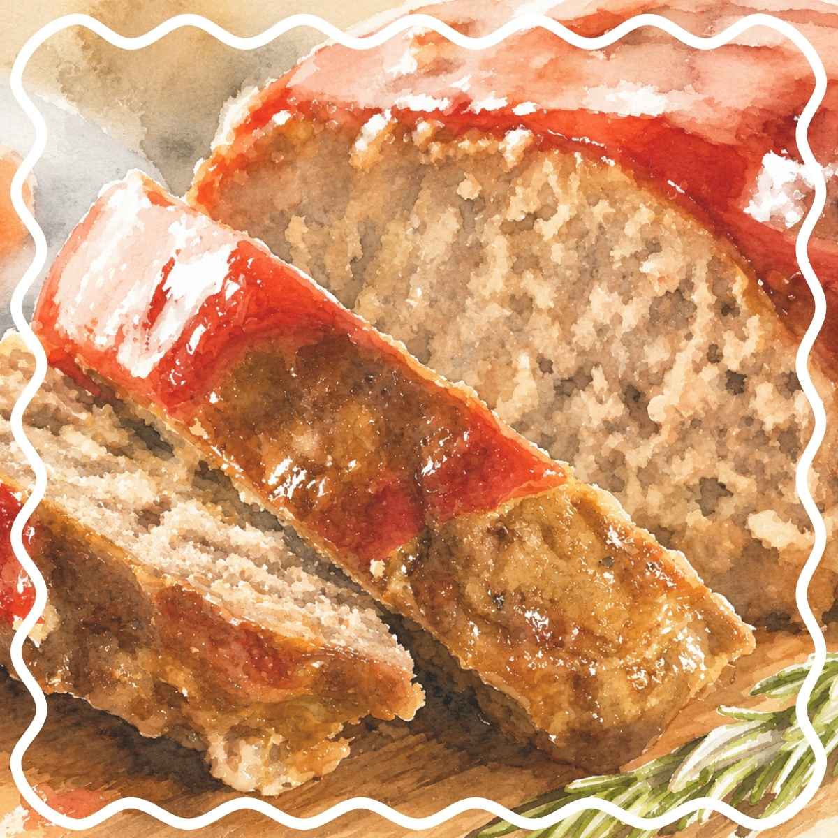 sliced meatloaf with ketchup on top