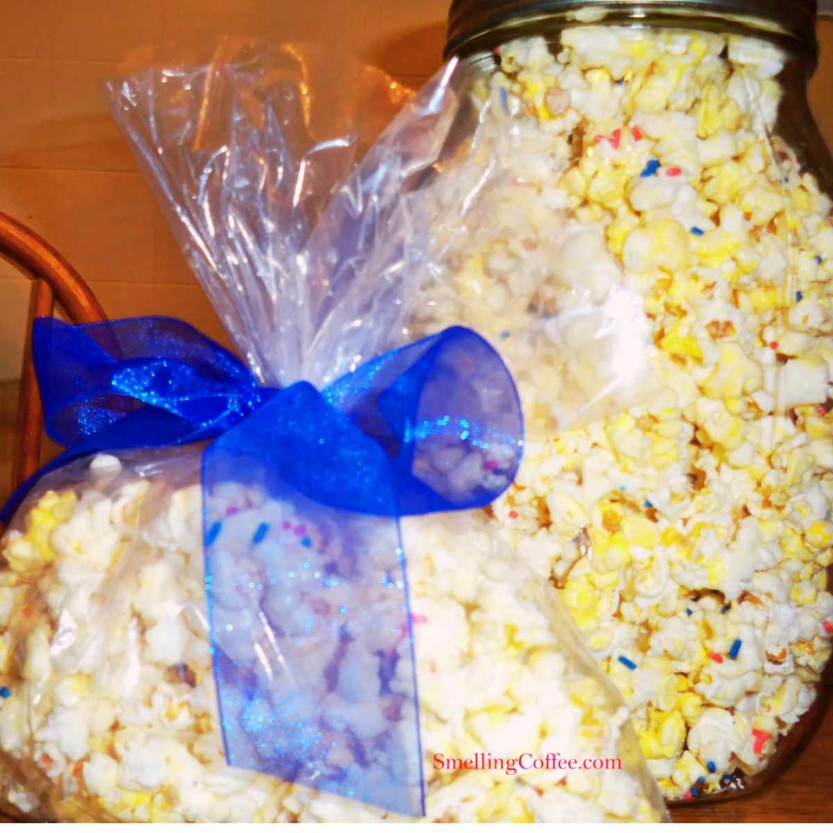 gift wrapped white chocolate popcorn