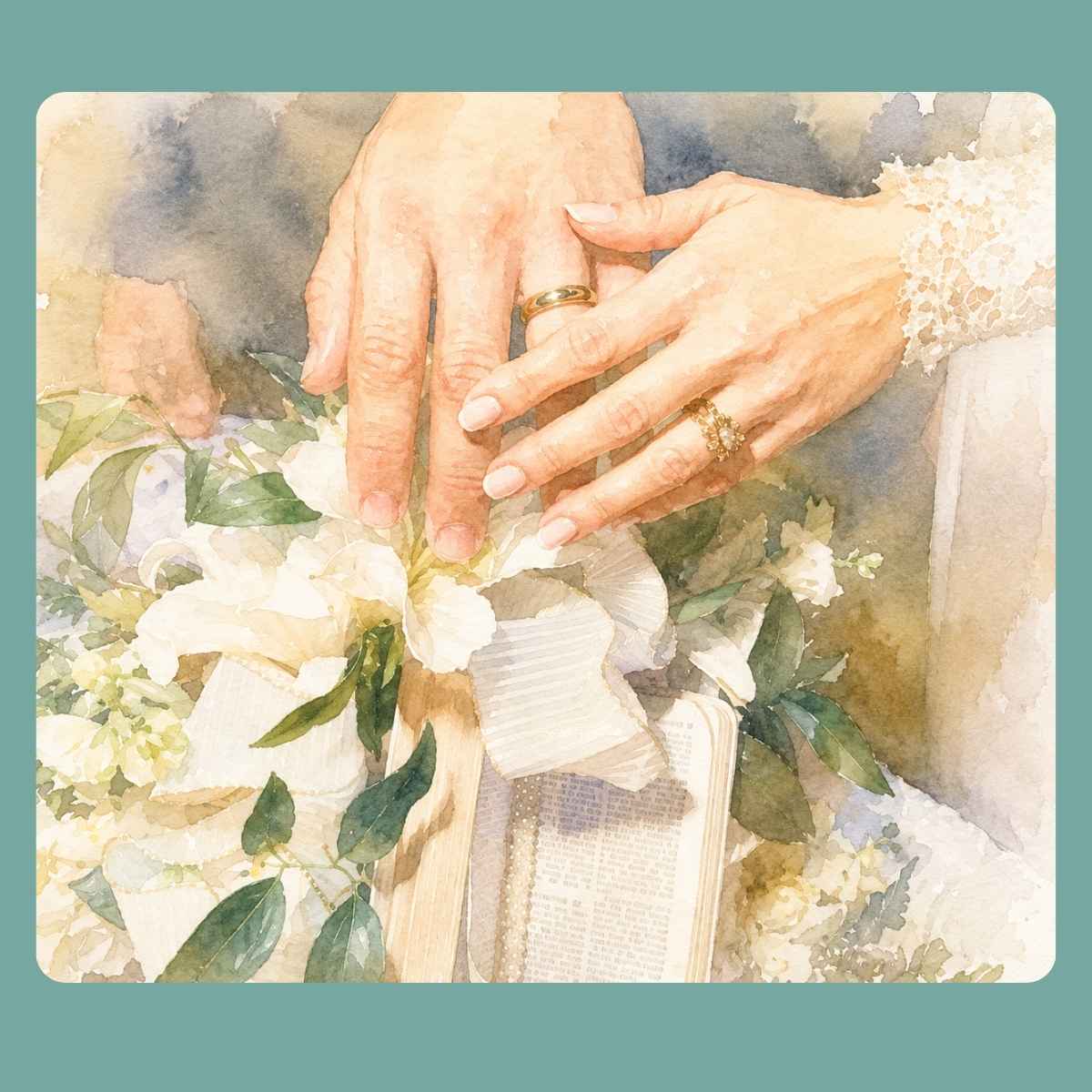 wedding picture of two hands over a Bible