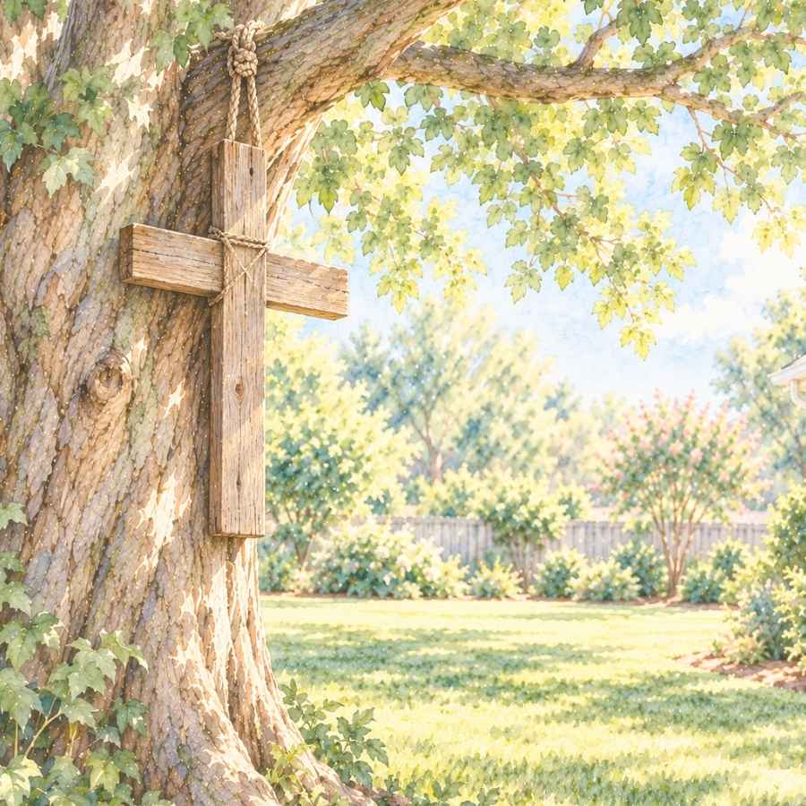 large tree with a wooden display cross hanging from it