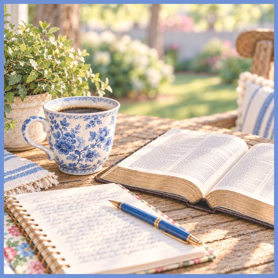 Table with Bible, coffee, notebook