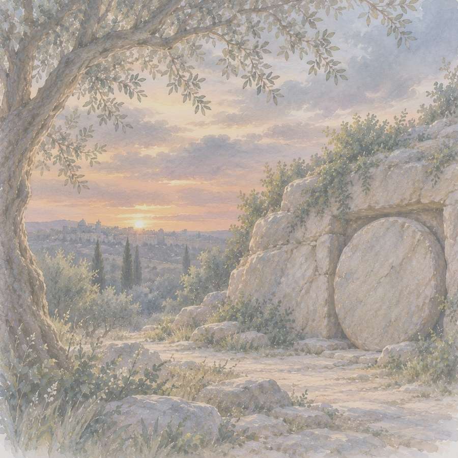 Jesus' closed tomb, gray skies