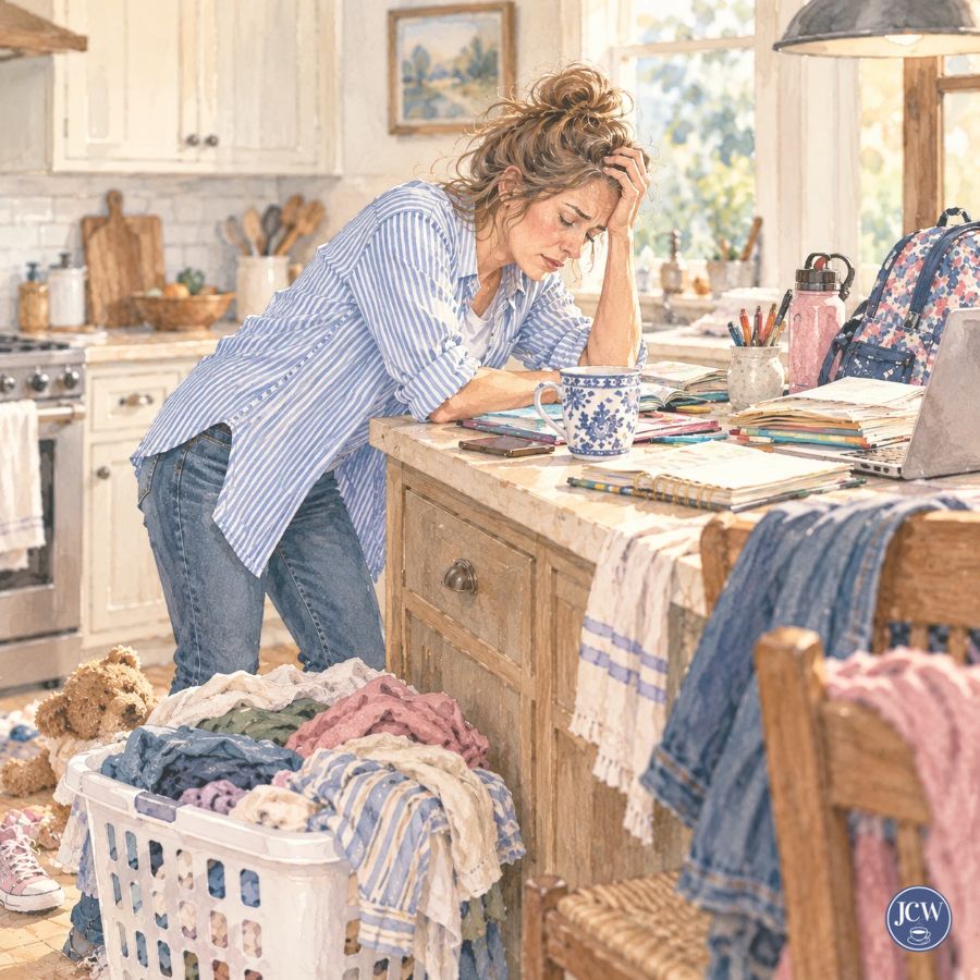 An overwhelmed woman at home
